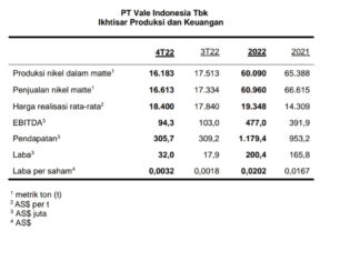 Harga Nikel Naik, Vale Catat Kenaikan EBITDA USD477 Juta Pada 2022