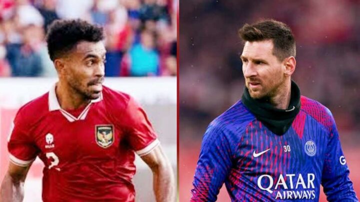 Kolase foto pemain Timnas Indonesia, Yakob Sayuri (kiri) dan pemain Timnas Argentina, Lionel Messi (kanan) pertandingan indonesia vs argentina