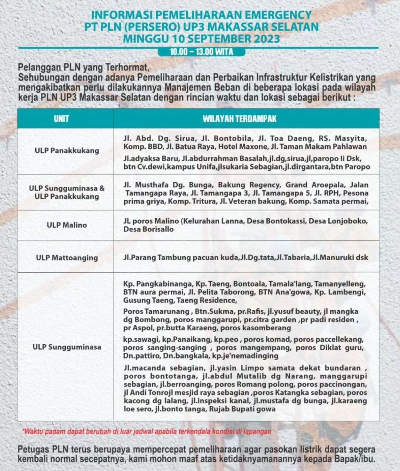 Jadwal dan Lokasi Pemadaman Listrik Sulawesi Selatan Minggu 10 September 2023