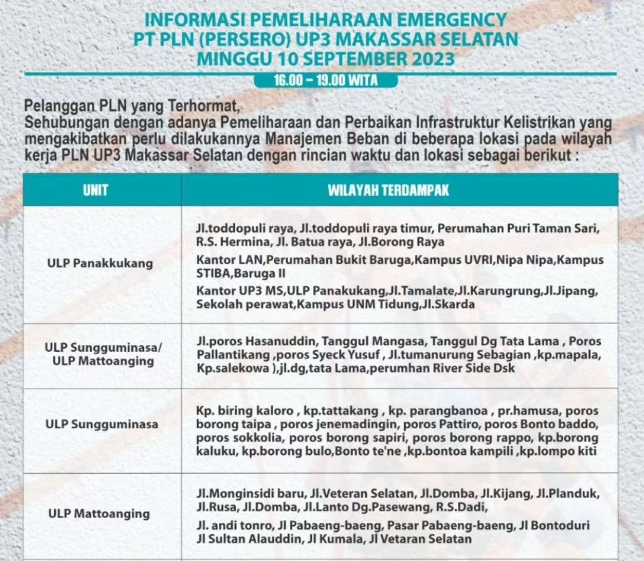 Jadwal dan Lokasi Pemadaman Listrik Sulawesi Selatan Minggu 10 September 2023