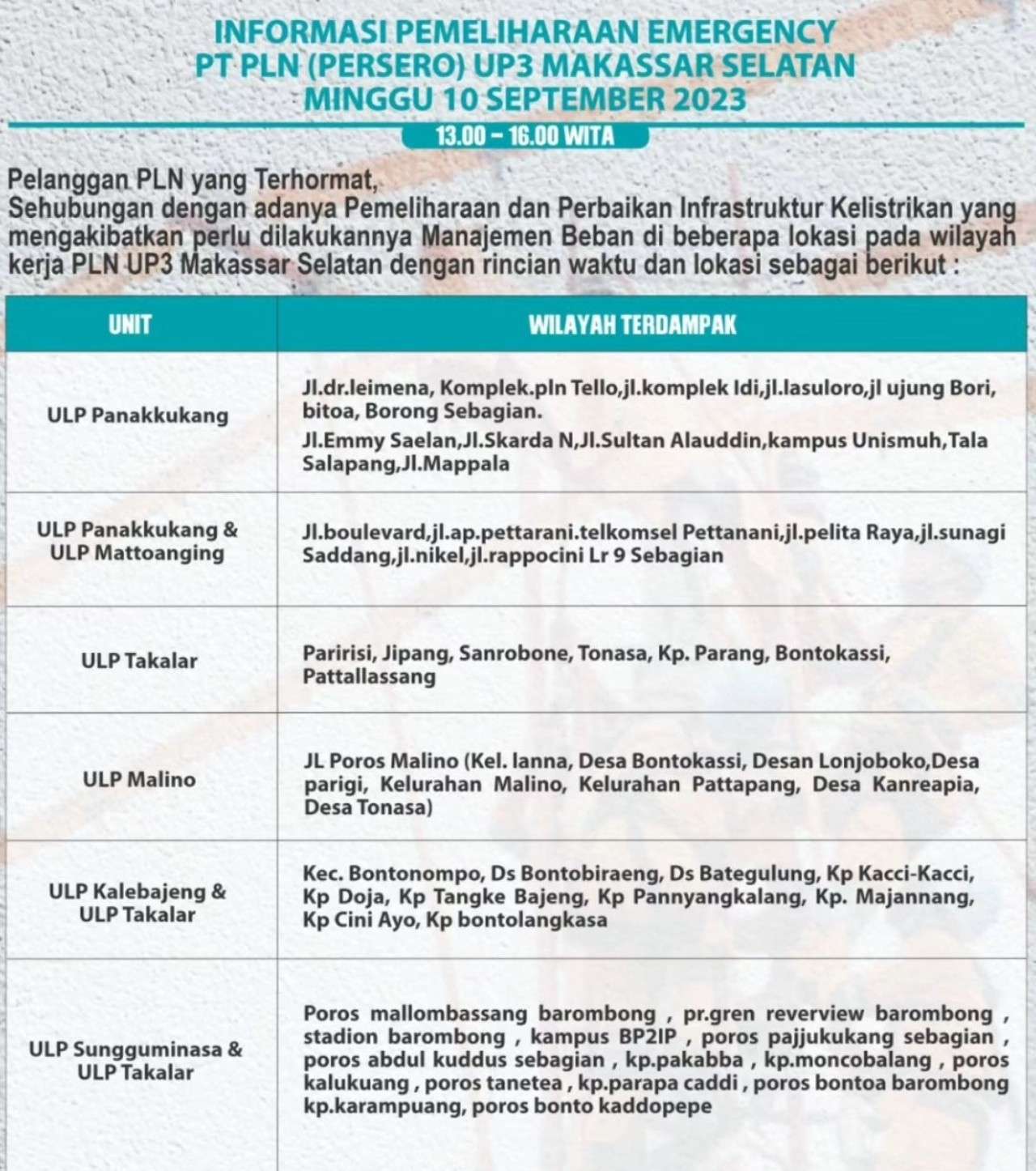 Jadwal dan Lokasi Pemadaman Listrik Sulawesi Selatan Minggu 10 September 2023