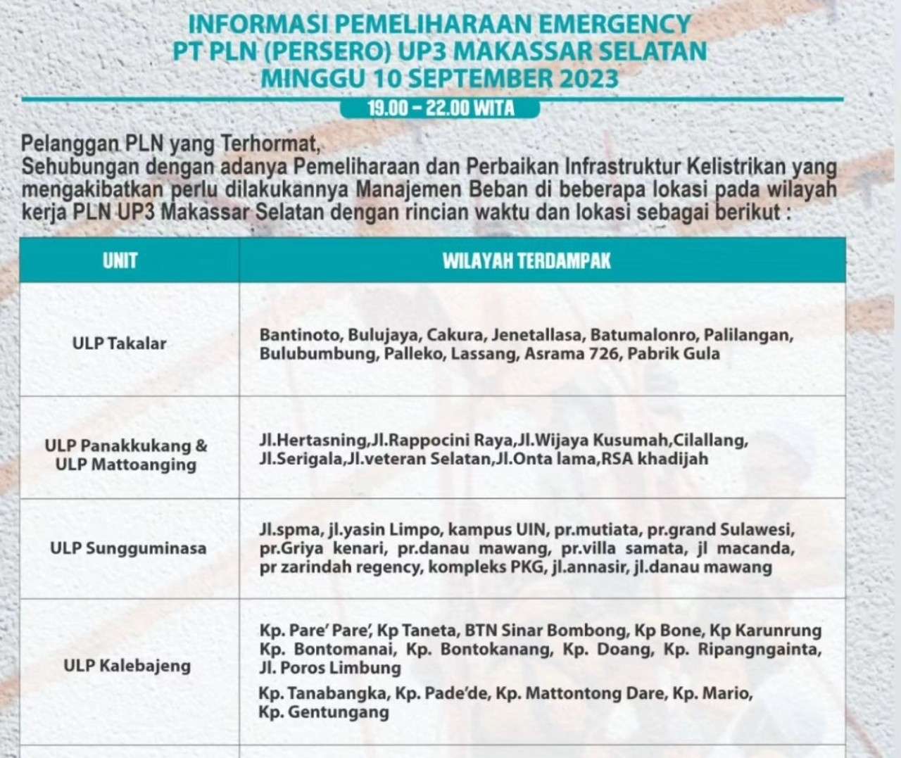 Jadwal dan Lokasi Pemadaman Listrik Sulawesi Selatan Minggu 10 September 2023