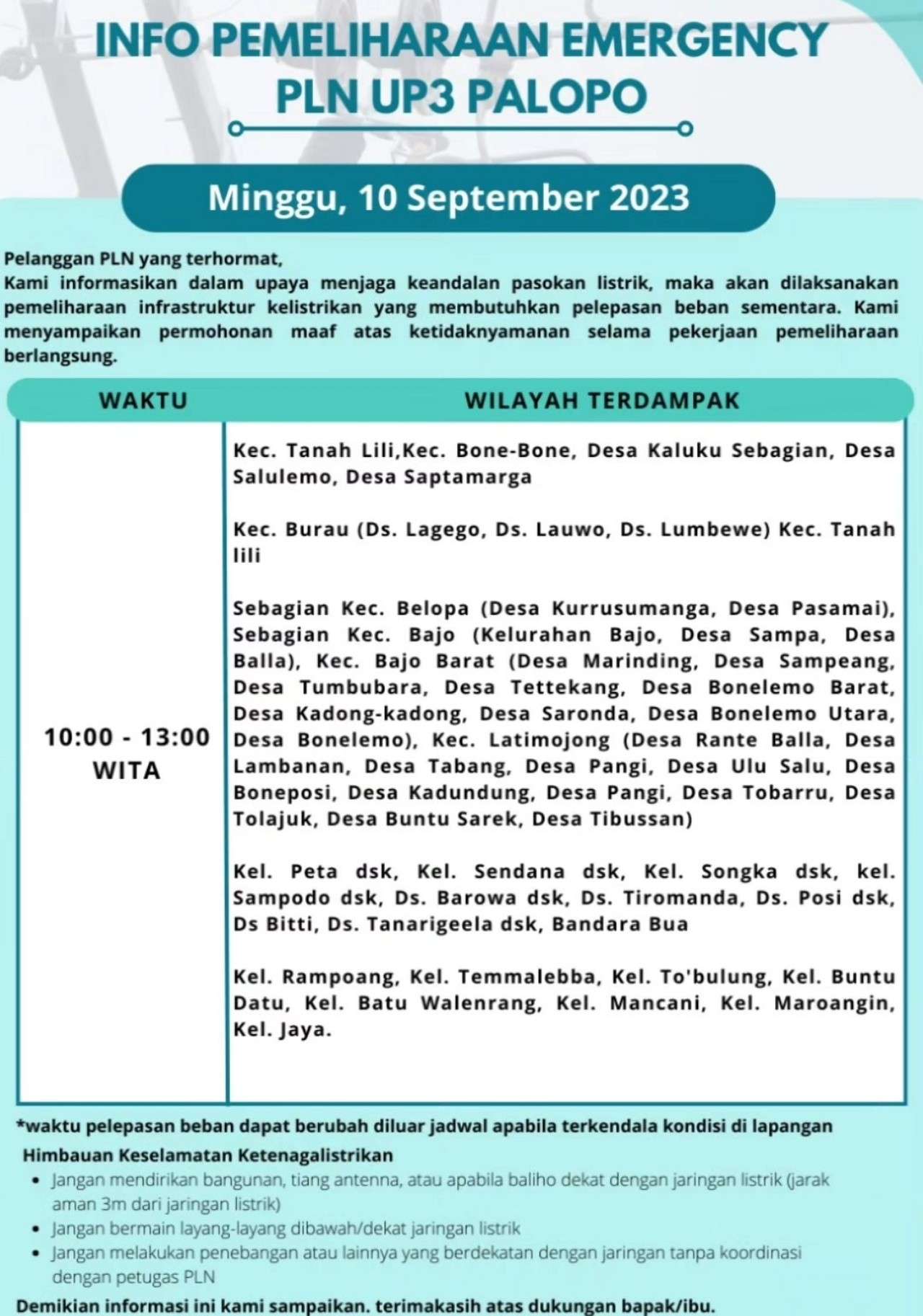 Jadwal dan Lokasi Pemadaman Listrik Sulawesi Selatan Minggu 10 September 2023