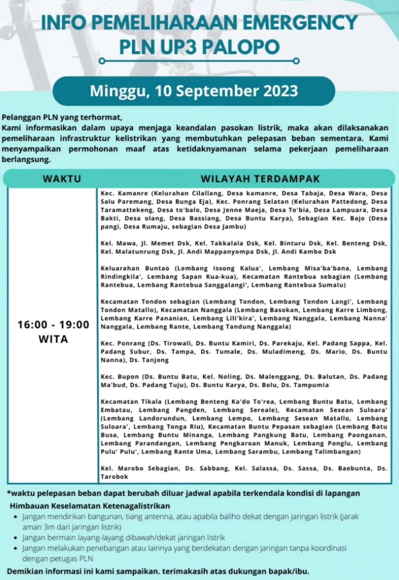 Jadwal dan Lokasi Pemadaman Listrik Sulawesi Selatan Minggu 10 September 2023