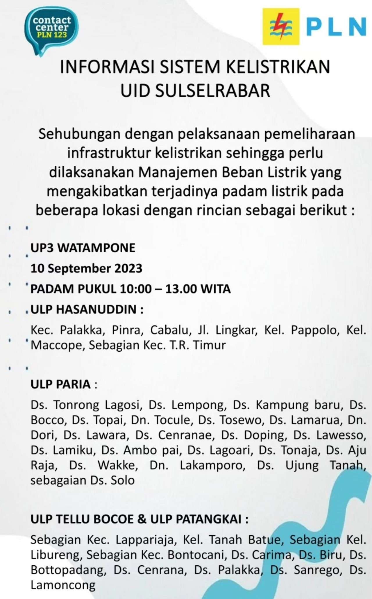 Jadwal dan Lokasi Pemadaman Listrik Sulawesi Selatan Minggu 10 September 2023