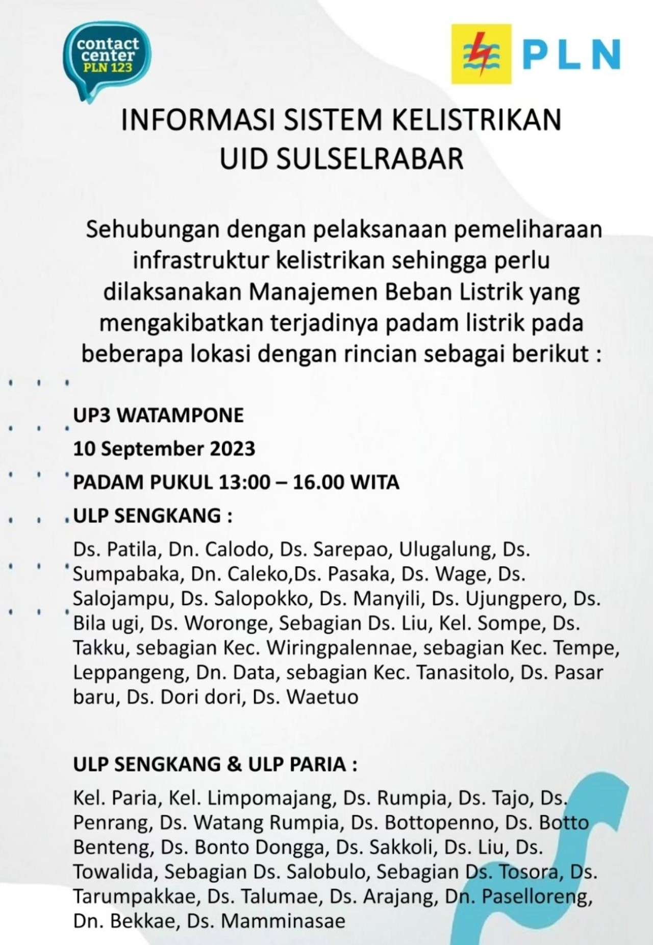 Jadwal dan Lokasi Pemadaman Listrik Sulawesi Selatan Minggu 10 September 2023