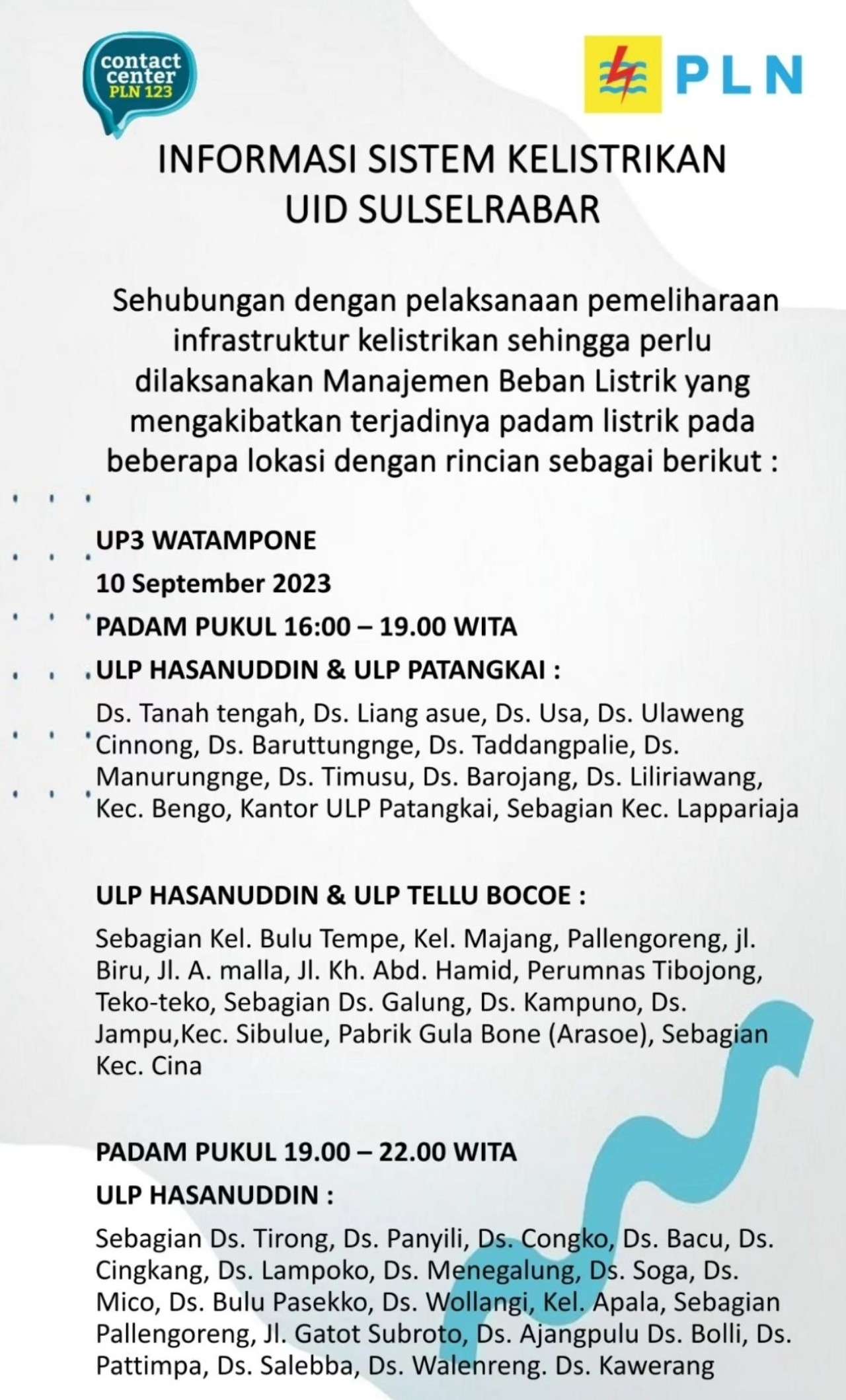 Jadwal dan Lokasi Pemadaman Listrik Sulawesi Selatan Minggu 10 September 2023