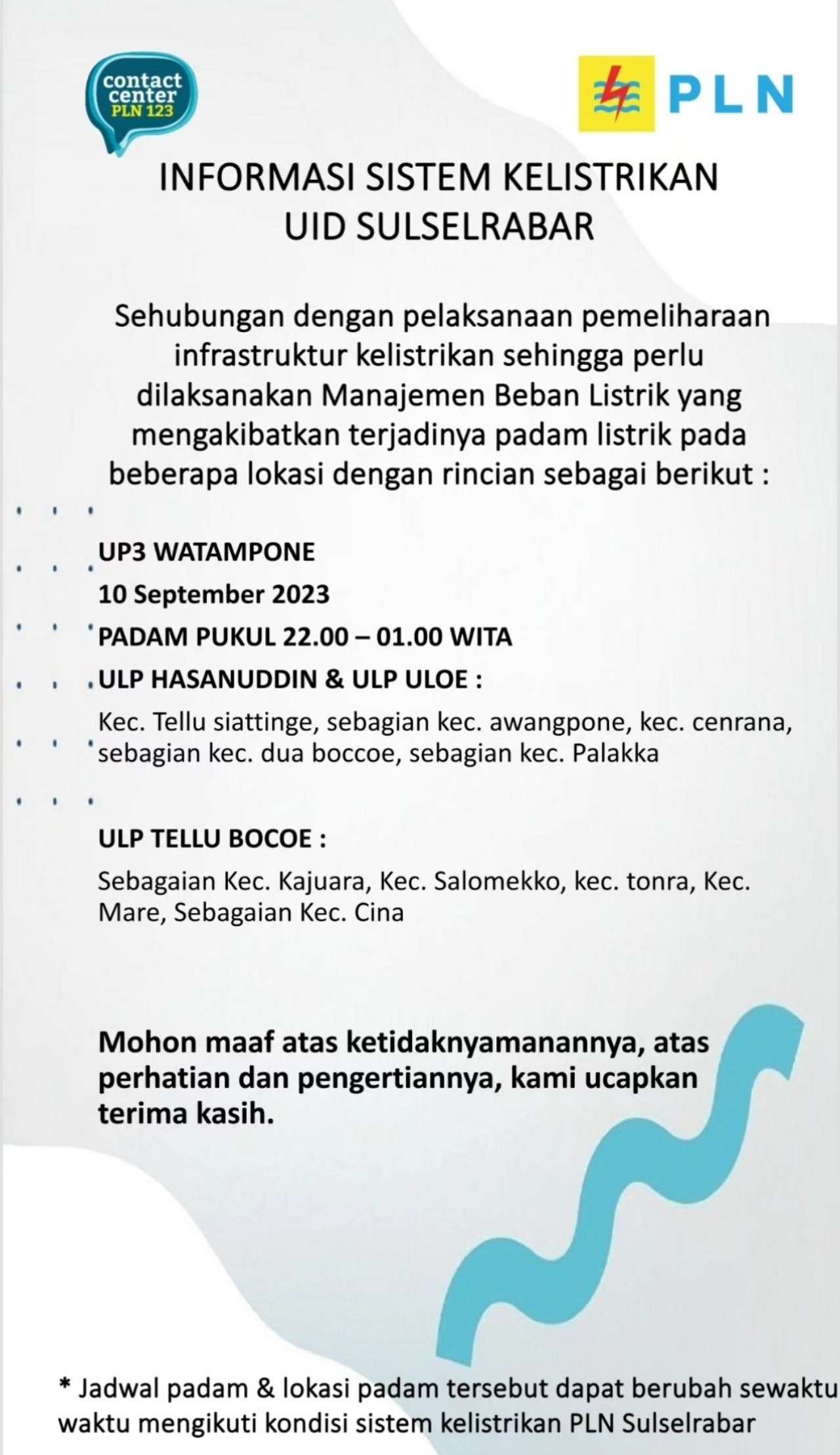 Jadwal dan Lokasi Pemadaman Listrik Sulawesi Selatan Minggu 10 September 2023