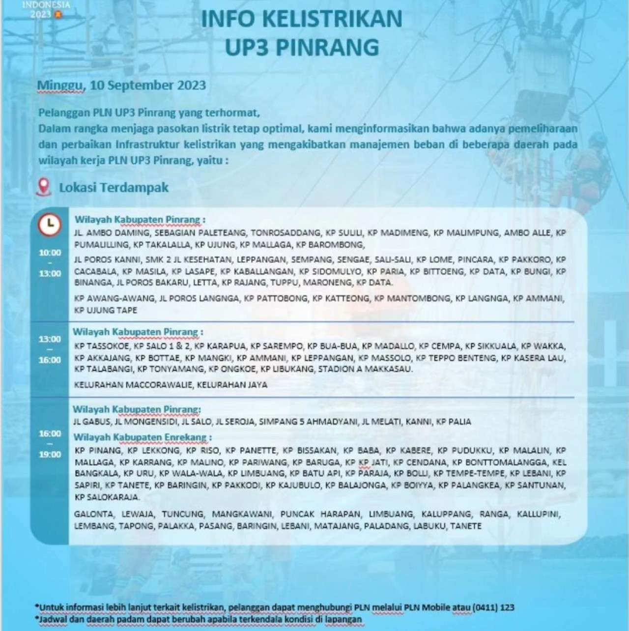Jadwal dan Lokasi Pemadaman Listrik Sulawesi Selatan Minggu 10 September 2023