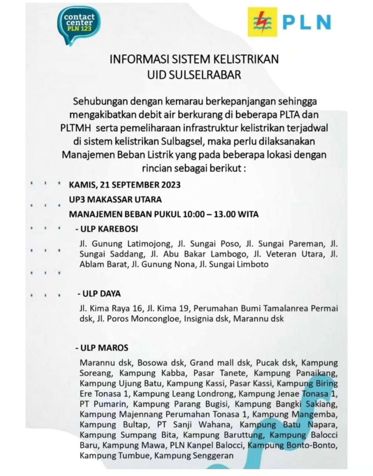 Jadwal Pemadaman Listrik Bergilir Hari Ini di Makassar, PLN Sebut Akibat Kemarau Panjang