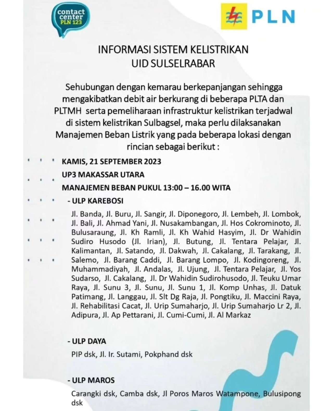 Jadwal Pemadaman Listrik Bergilir Hari Ini di Makassar, PLN Sebut Akibat Kemarau Panjang