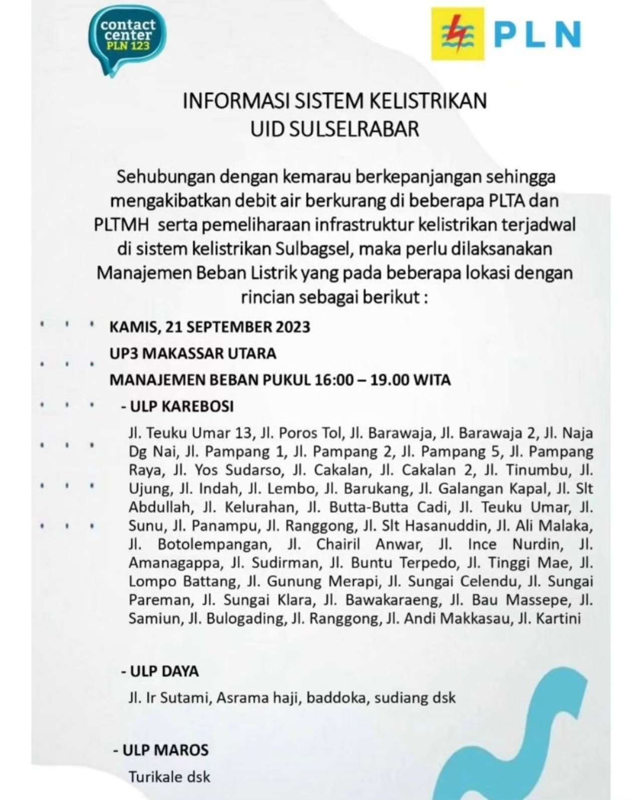 Jadwal Pemadaman Listrik Bergilir Hari Ini di Makassar, PLN Sebut Akibat Kemarau Panjang