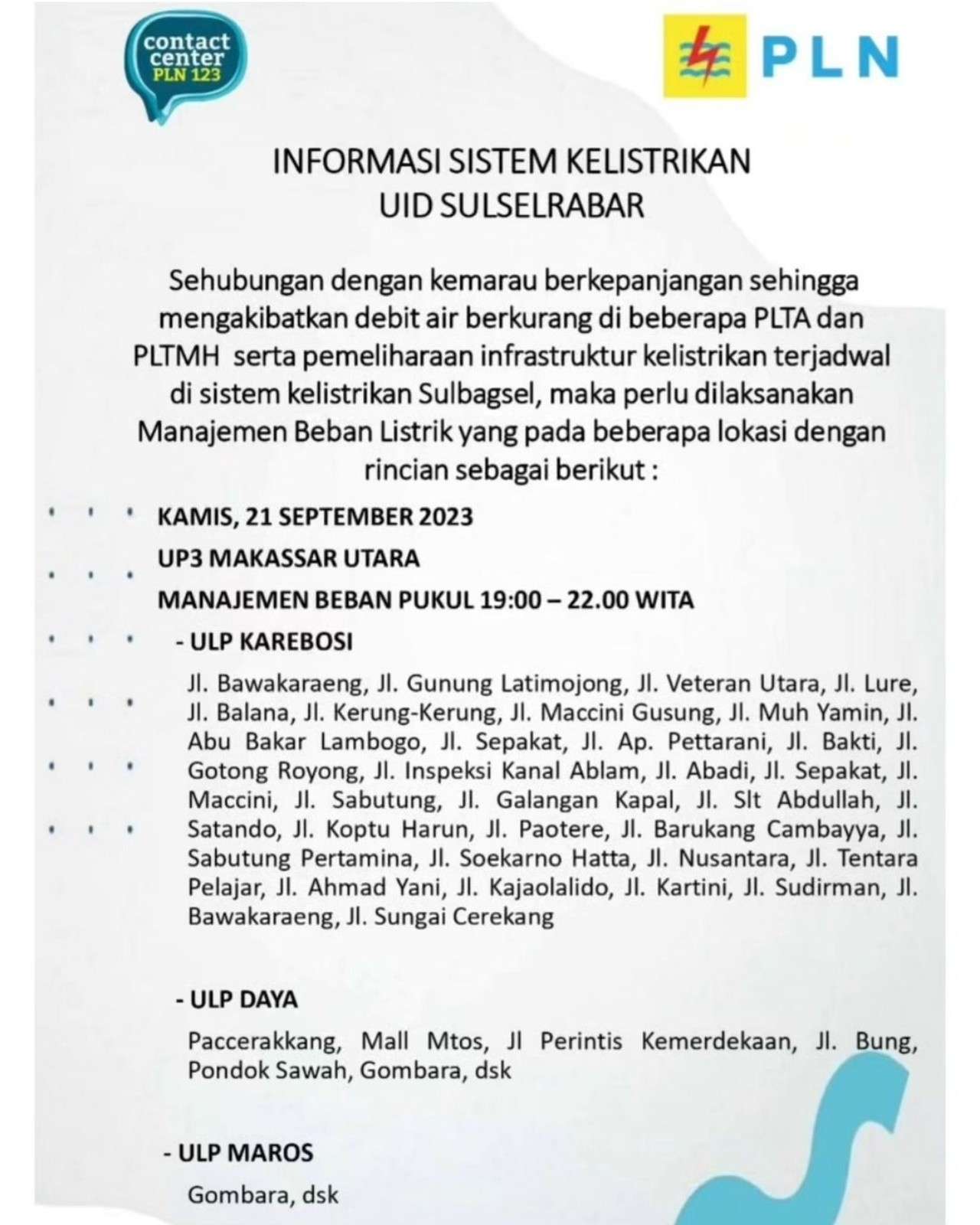 Jadwal Pemadaman Listrik Bergilir Hari Ini di Makassar, PLN Sebut Akibat Kemarau Panjang