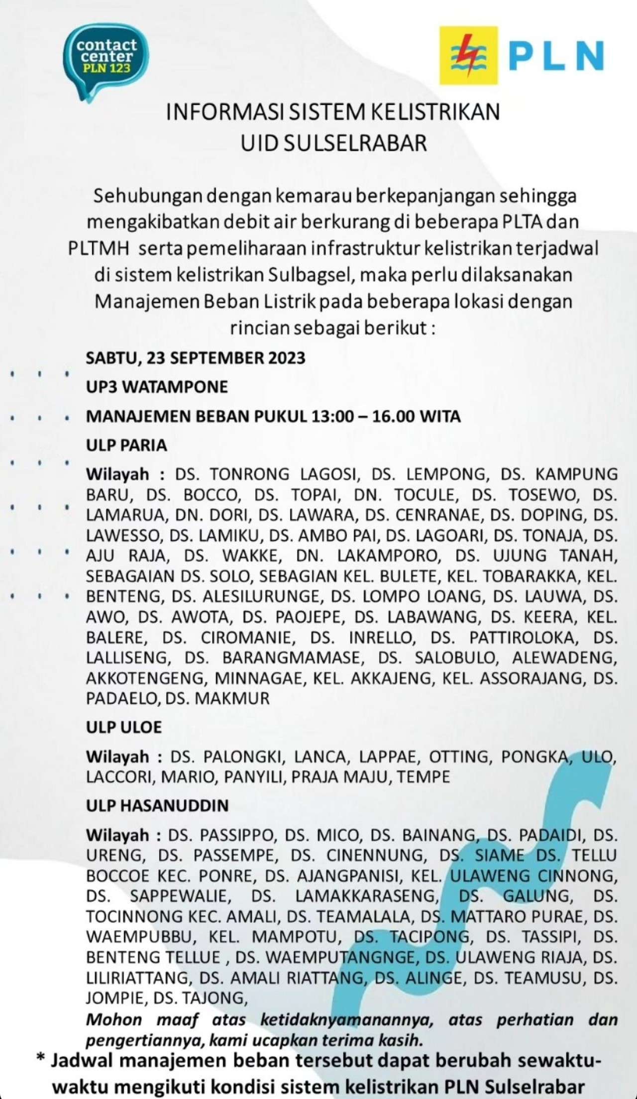PLN Kembali Lakukan Pemadaman Hari Ini, Berikut Jadwal dan Lokasi Terdampak di Bone dan Sengkang