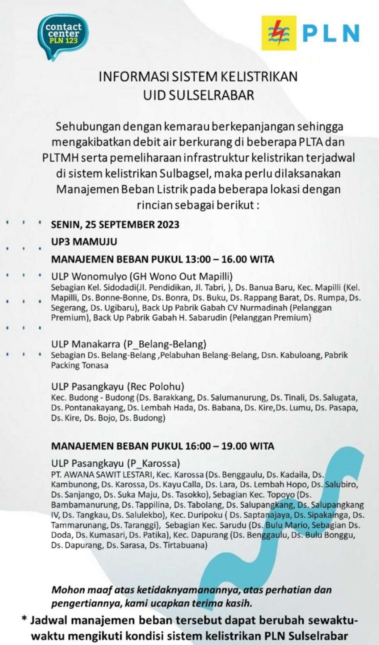 Sejumlah Wilayah di Mamuju Alami Pemadaman Listrik Senin 25 September 2023, Berikut Lokasinya