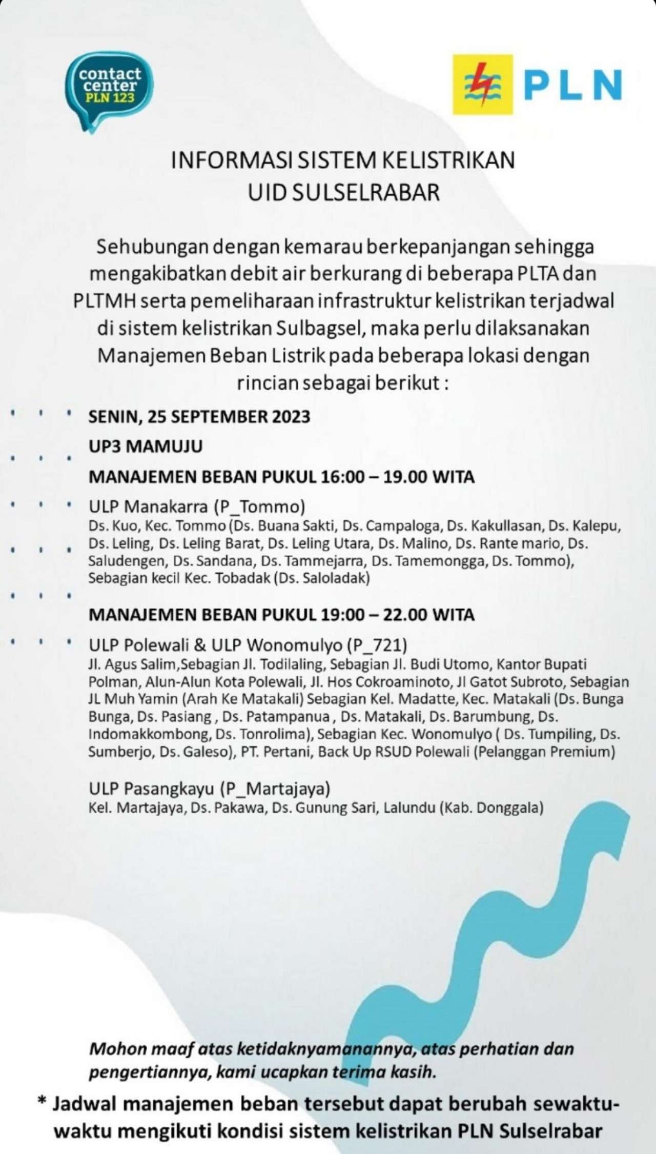 Sejumlah Wilayah di Mamuju Alami Pemadaman Listrik Senin 25 September 2023, Berikut Lokasinya