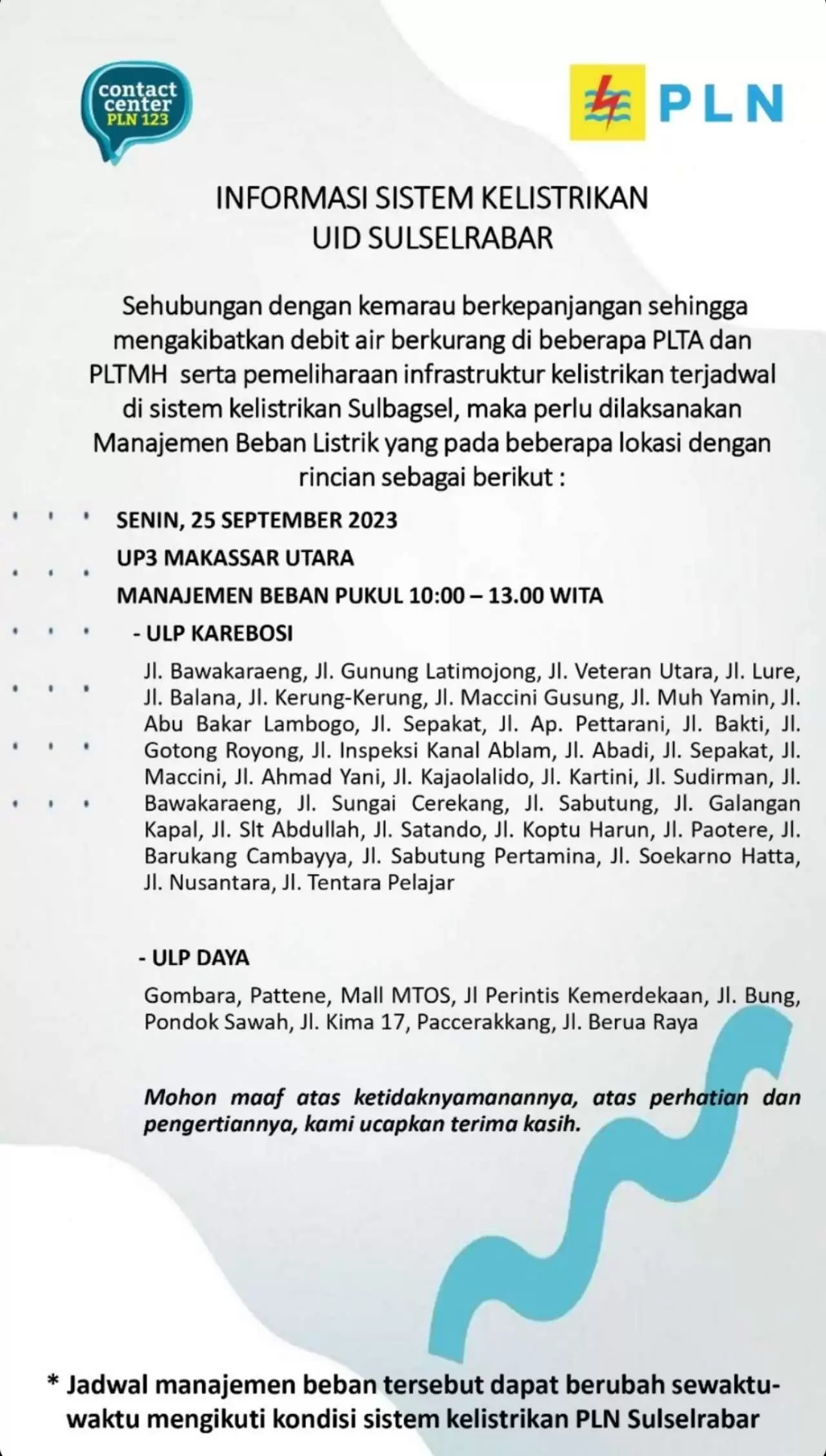 Catat! Jadwal Pemadaman Listrik di Wilayah UP3 Makassar Utara Senin 25 September 2023