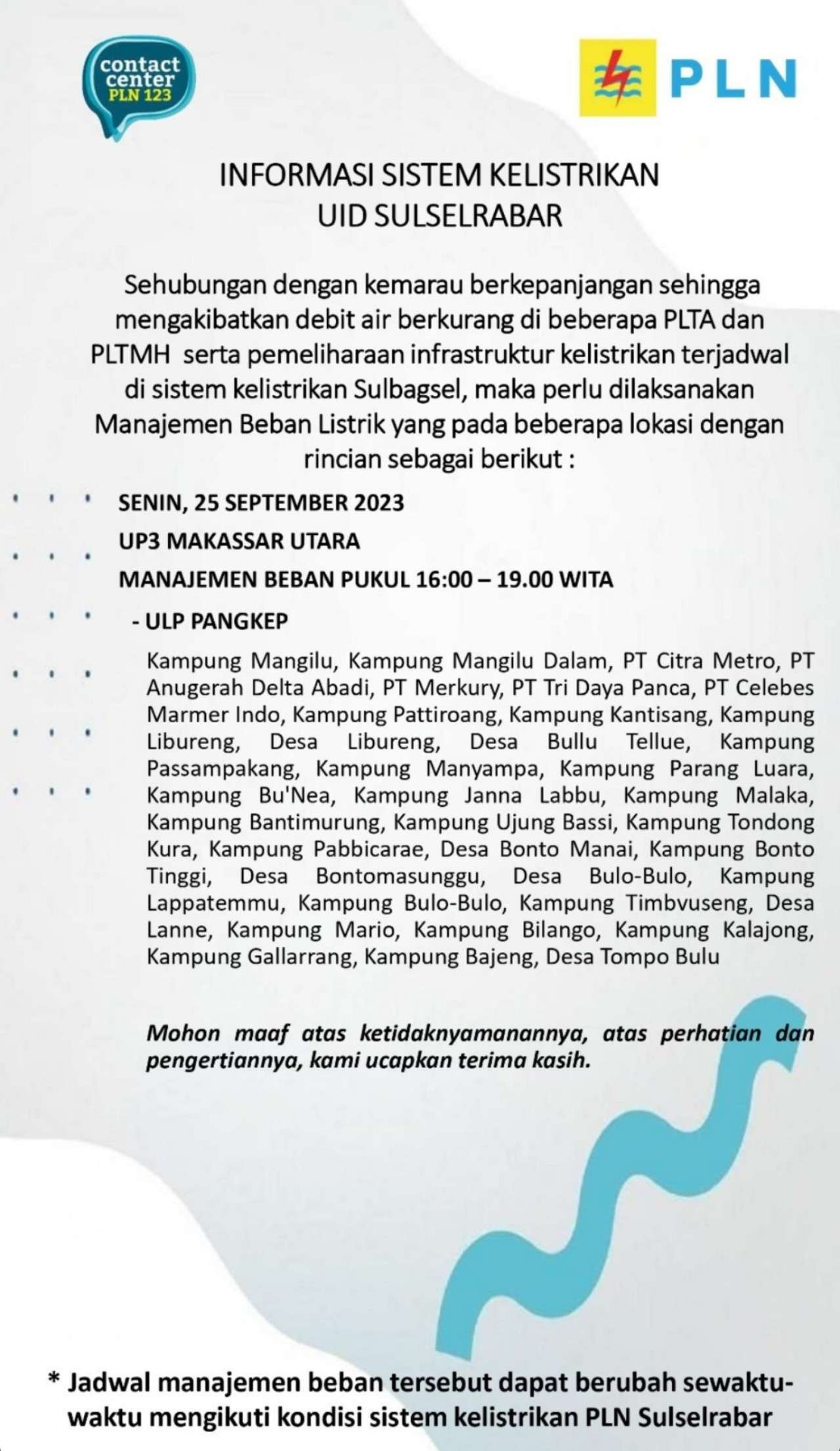 Catat! Jadwal Pemadaman Listrik di Wilayah UP3 Makassar Utara Senin 25 September 2023