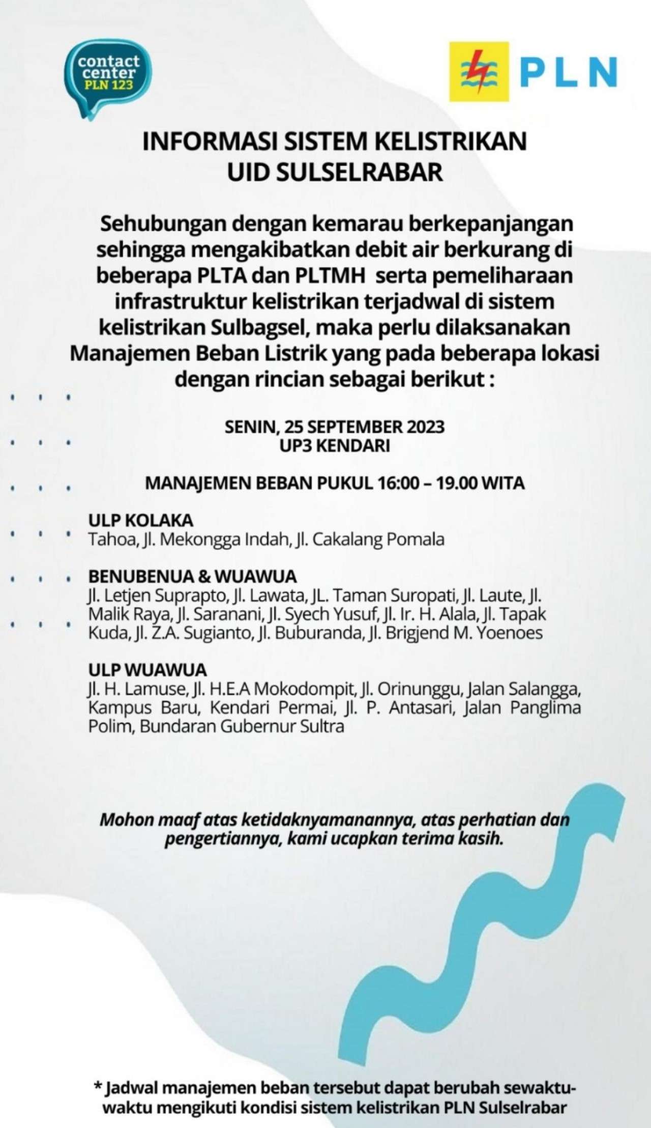 Hari Ini Pemadaman Listrik di Kendari dan Sekitarnya Mulai Pukul 10.00 WITA, Berikut Daftar Lokasinya