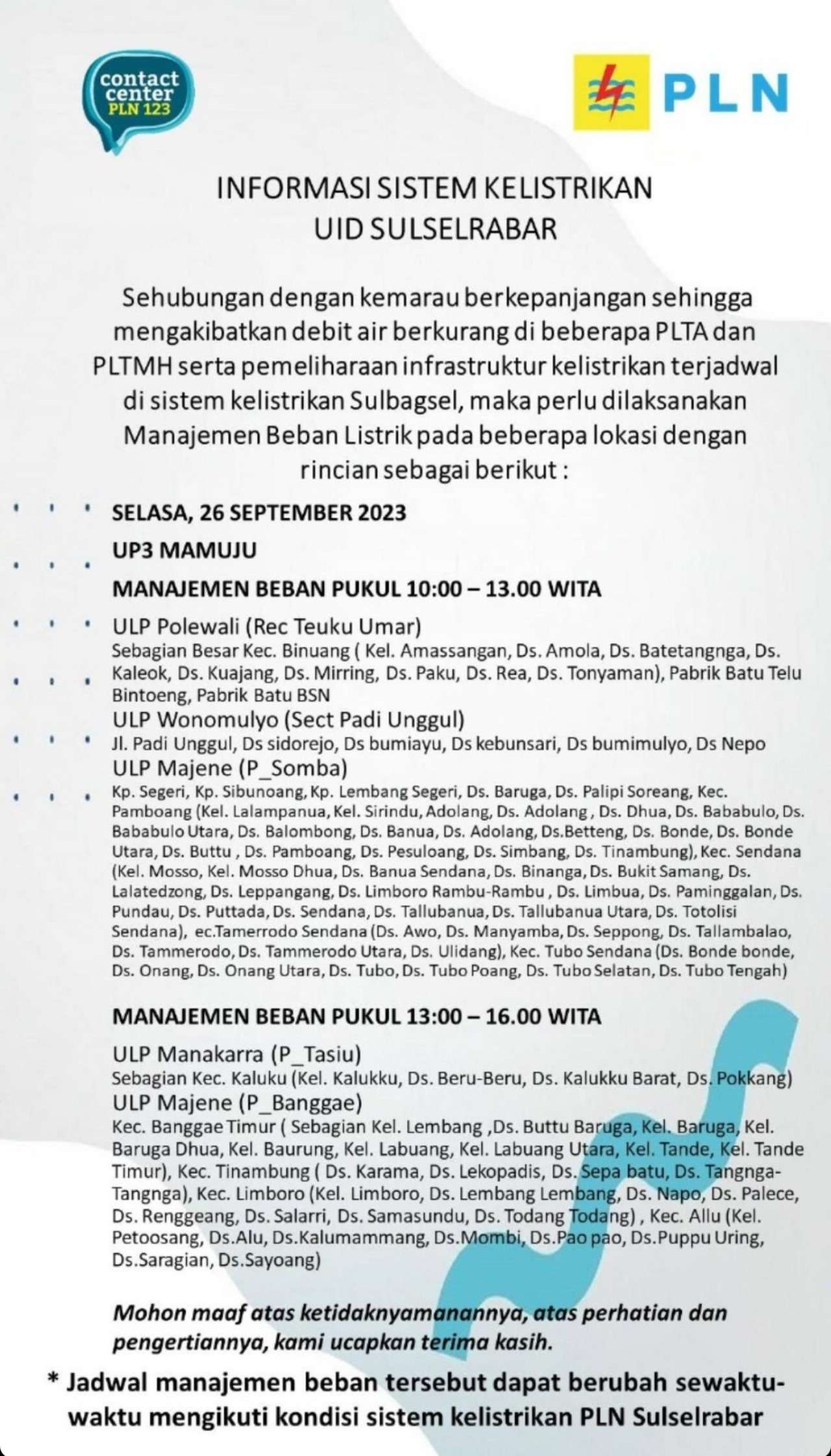 Jadwal Pemadaman Listrik di Mamuju dan Sekitarnya Hari Ini 26 September 2023