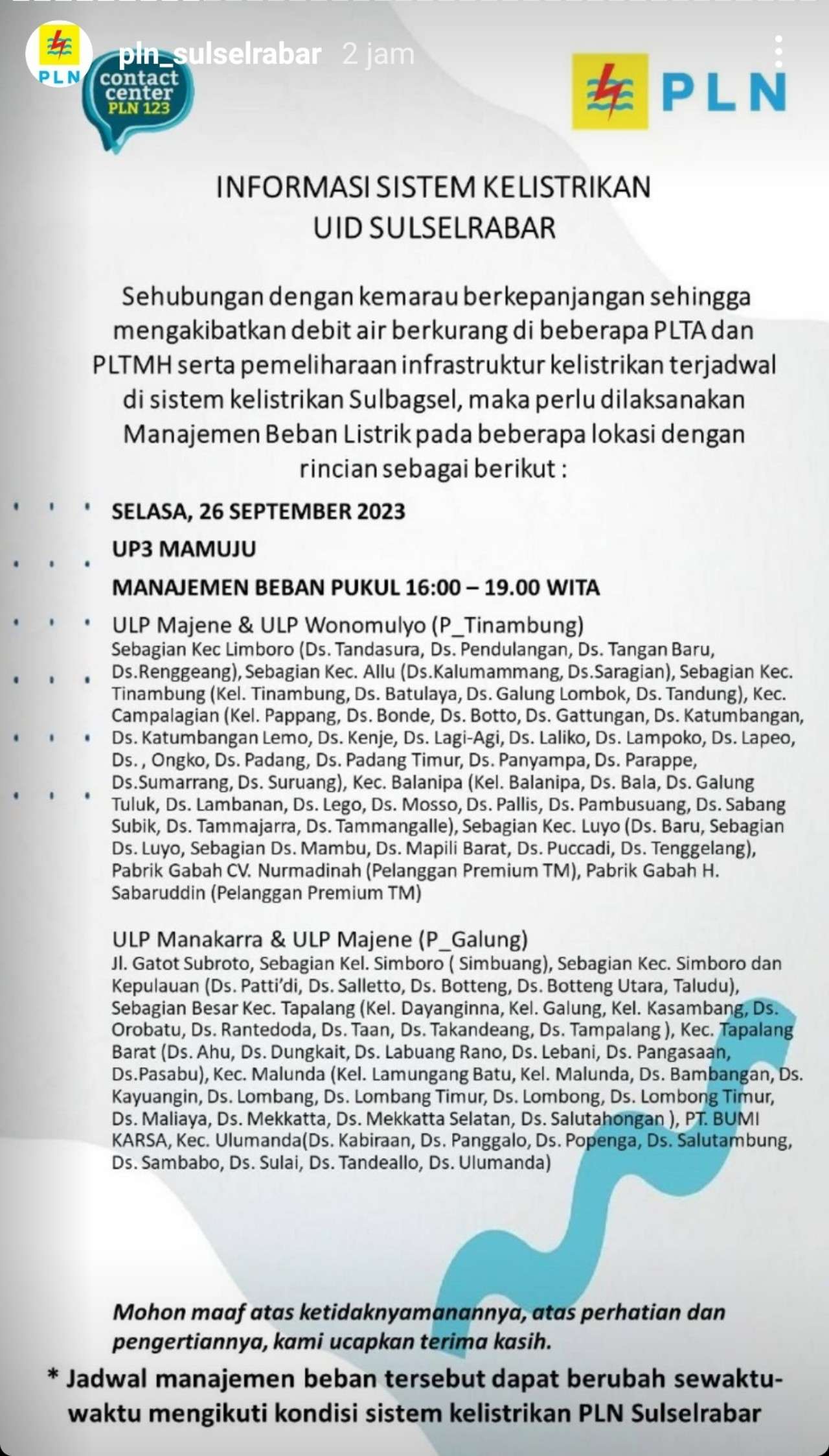 Jadwal Pemadaman Listrik di Mamuju dan Sekitarnya Hari Ini 26 September 2023