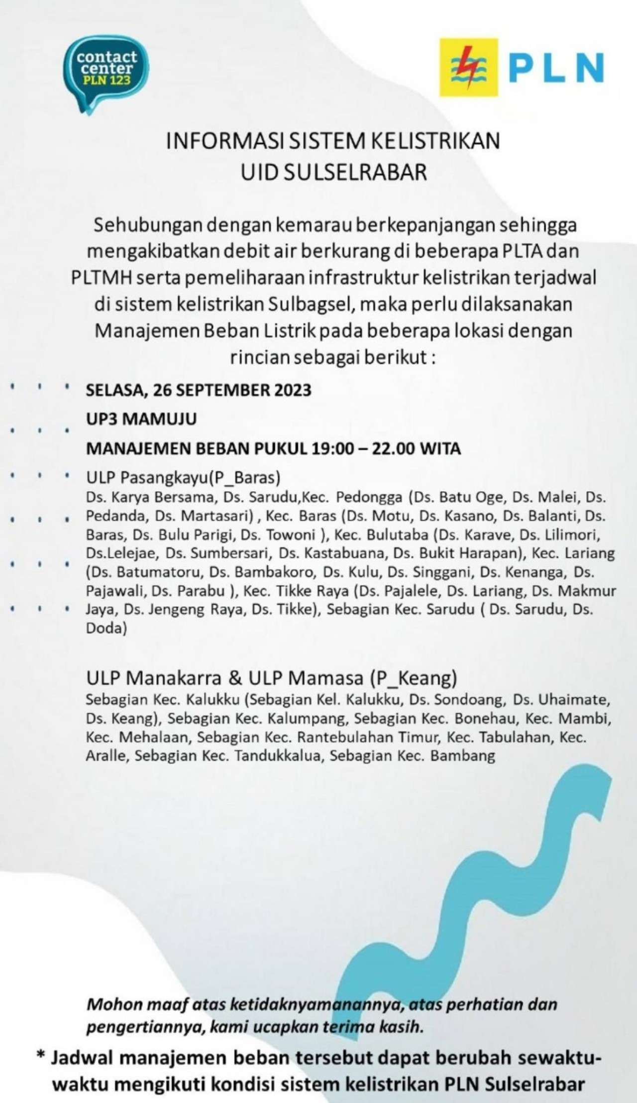 Jadwal Pemadaman Listrik di Mamuju dan Sekitarnya Hari Ini 26 September 2023