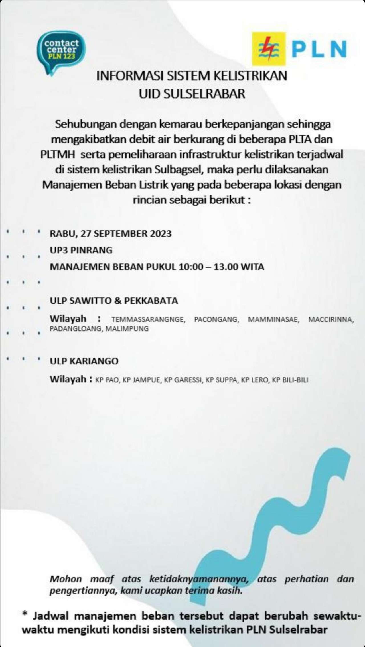 Ada Pemadaman Listrik di Pinrang dan Sekitarnya Rabu 27 September 2023, Cek Lokasinya