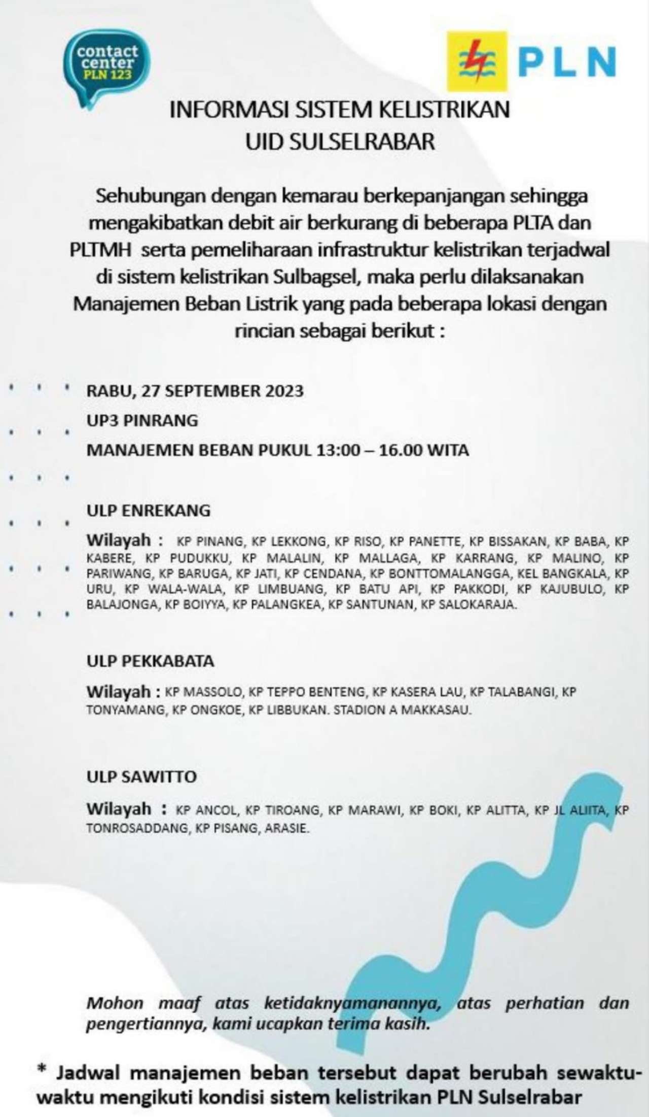 Ada Pemadaman Listrik di Pinrang dan Sekitarnya Rabu 27 September 2023, Cek Lokasinya