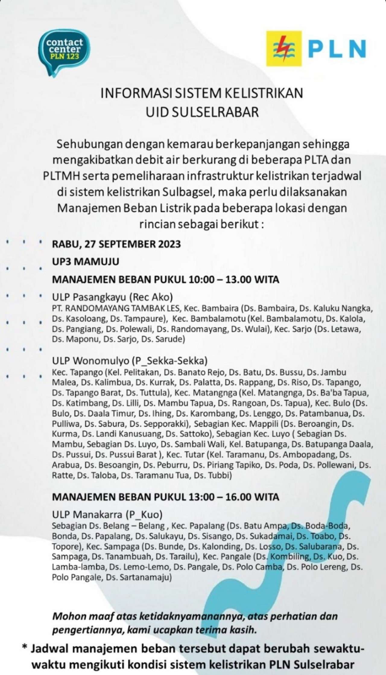 Daftar Wilayah di Mamuju dan Sekitarnya Akan Alami Pemadaman Listrik Rabu 27 September 2023
