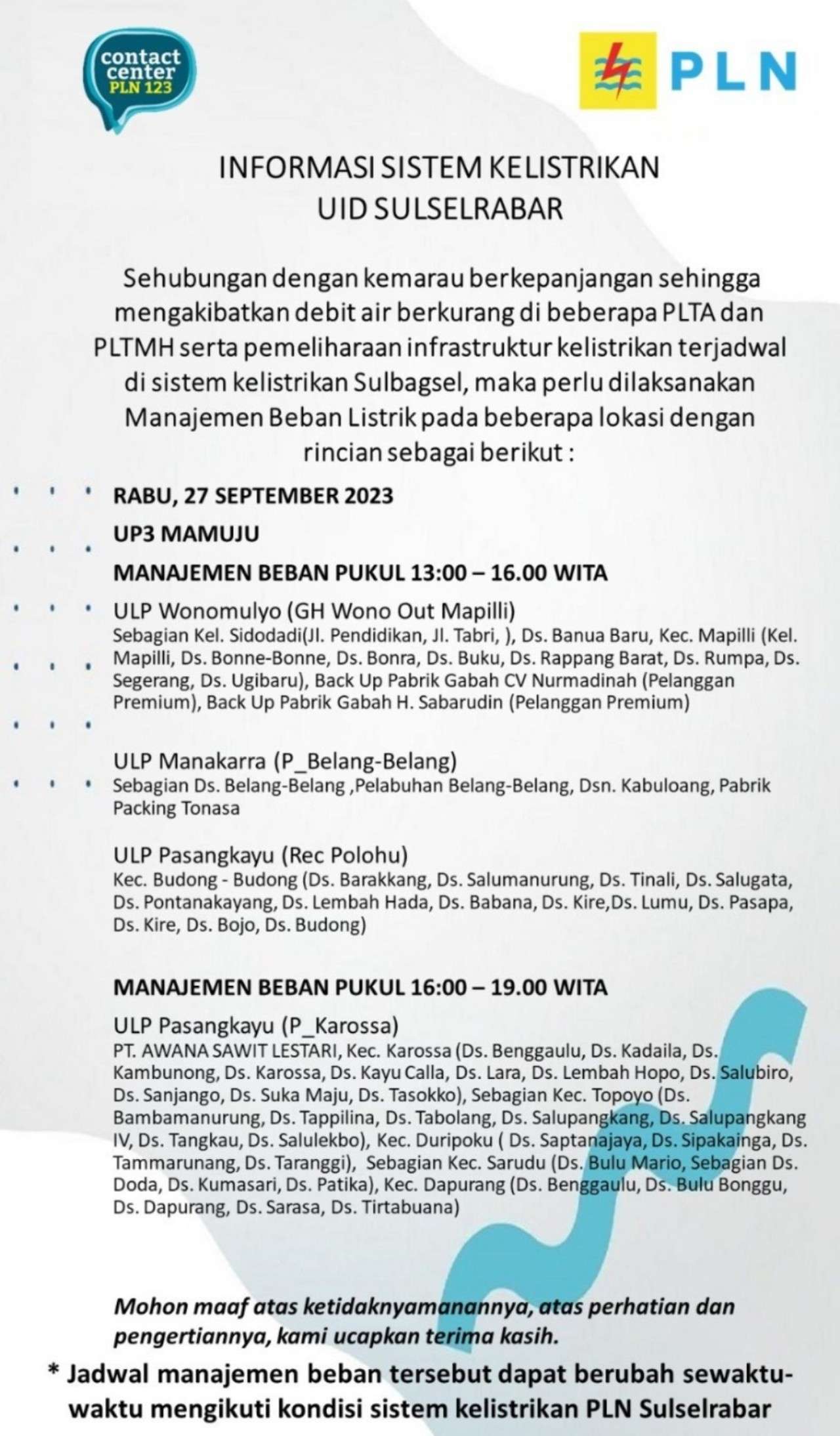 Daftar Wilayah di Mamuju dan Sekitarnya Akan Alami Pemadaman Listrik Rabu 27 September 2023