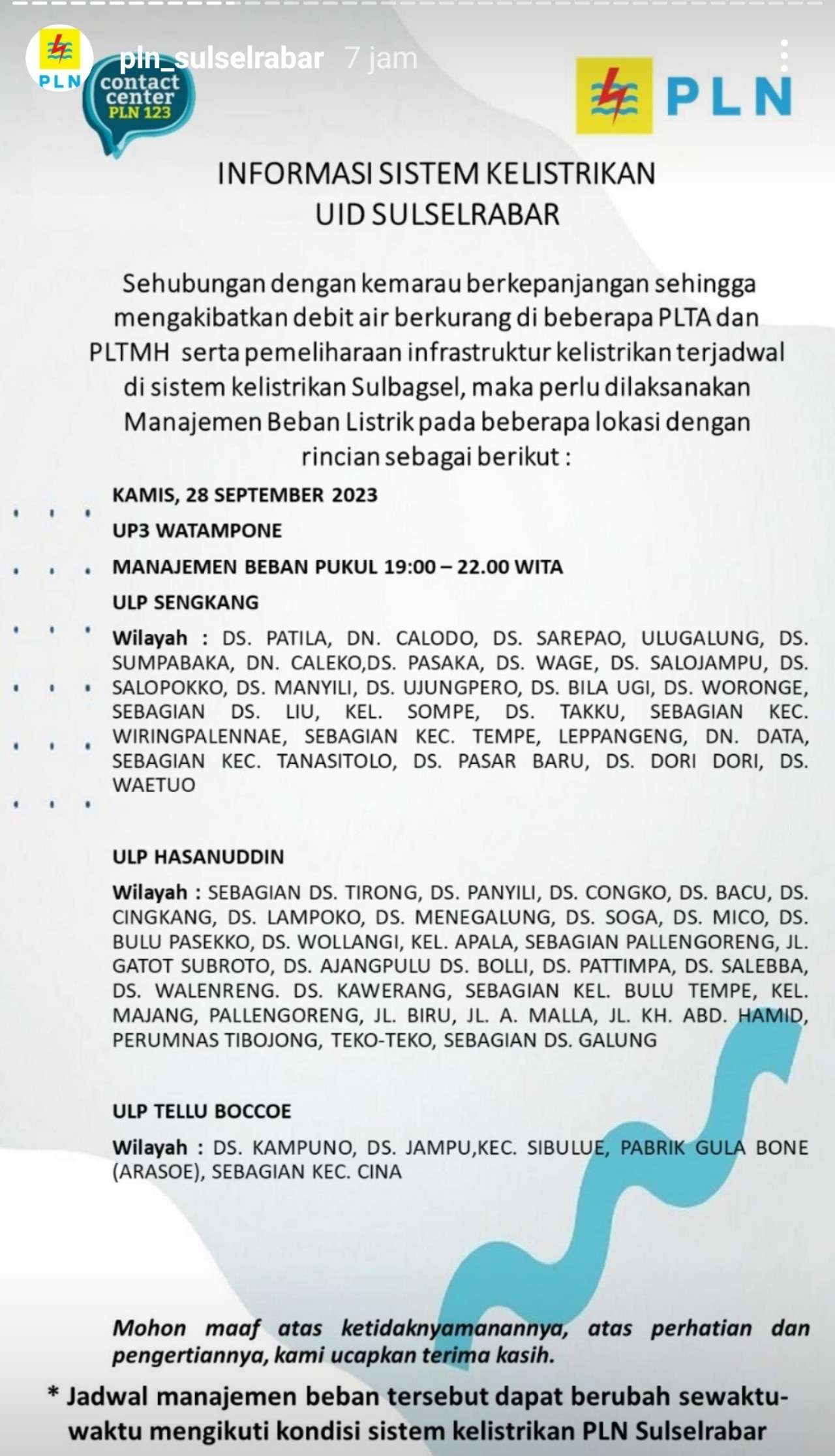 Sejumlah Wilayah di Bone dan Sengkang Akan Alami Pemadaman Listrik Kamis 28 September 2023