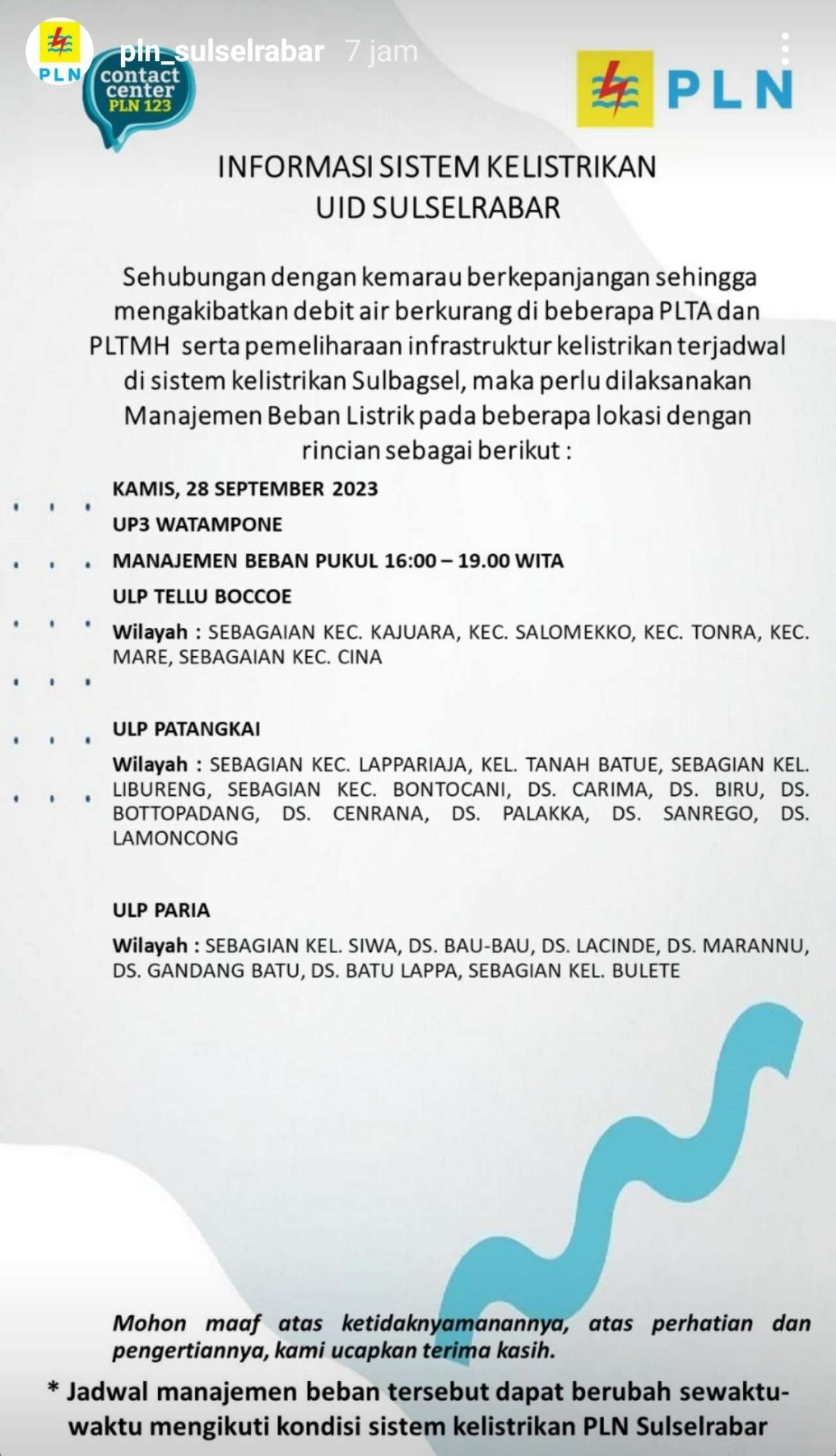 Sejumlah Wilayah di Bone dan Sengkang Akan Alami Pemadaman Listrik Kamis 28 September 2023