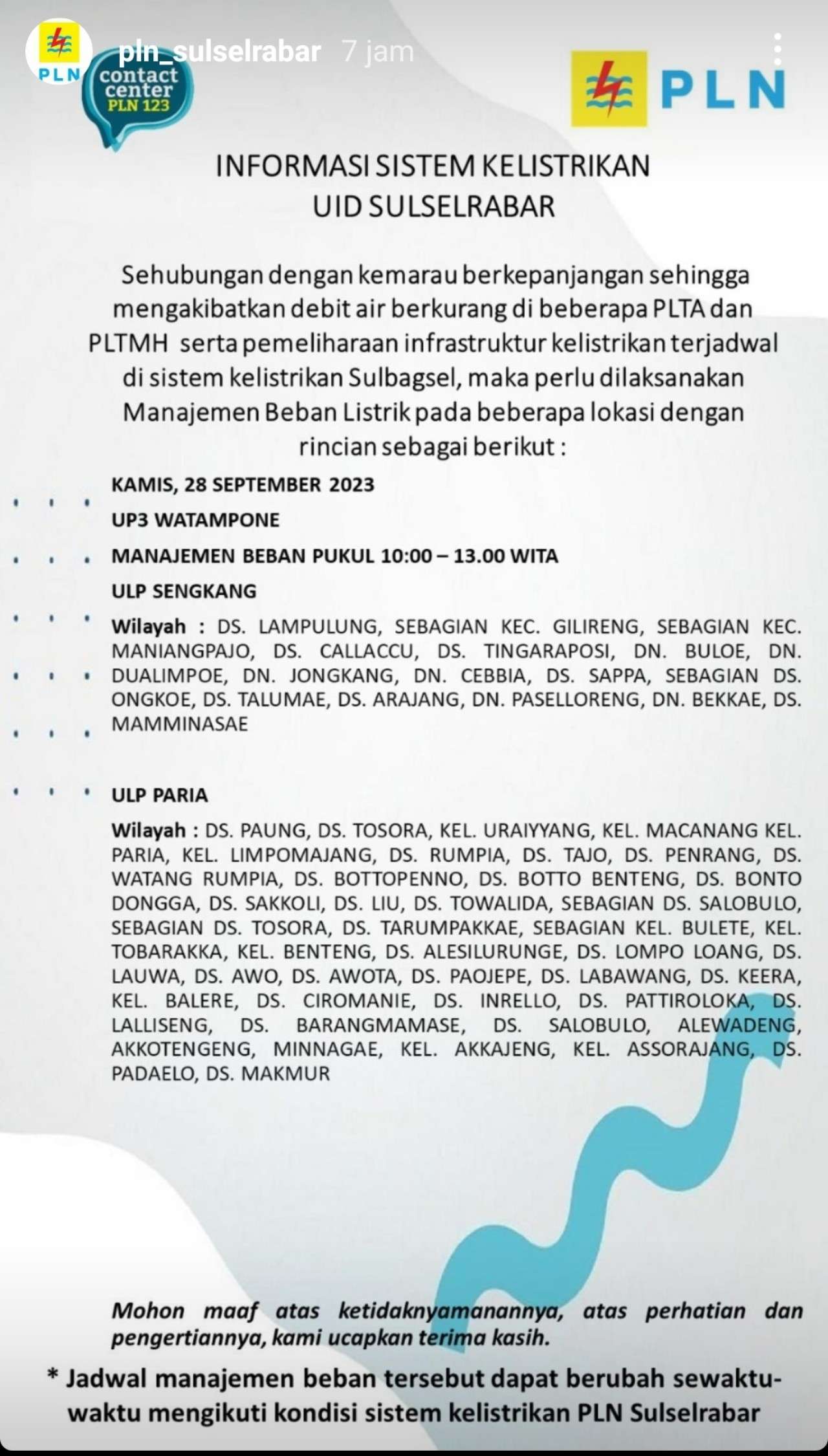 Sejumlah Wilayah di Bone dan Sengkang Akan Alami Pemadaman Listrik Kamis 28 September 2023