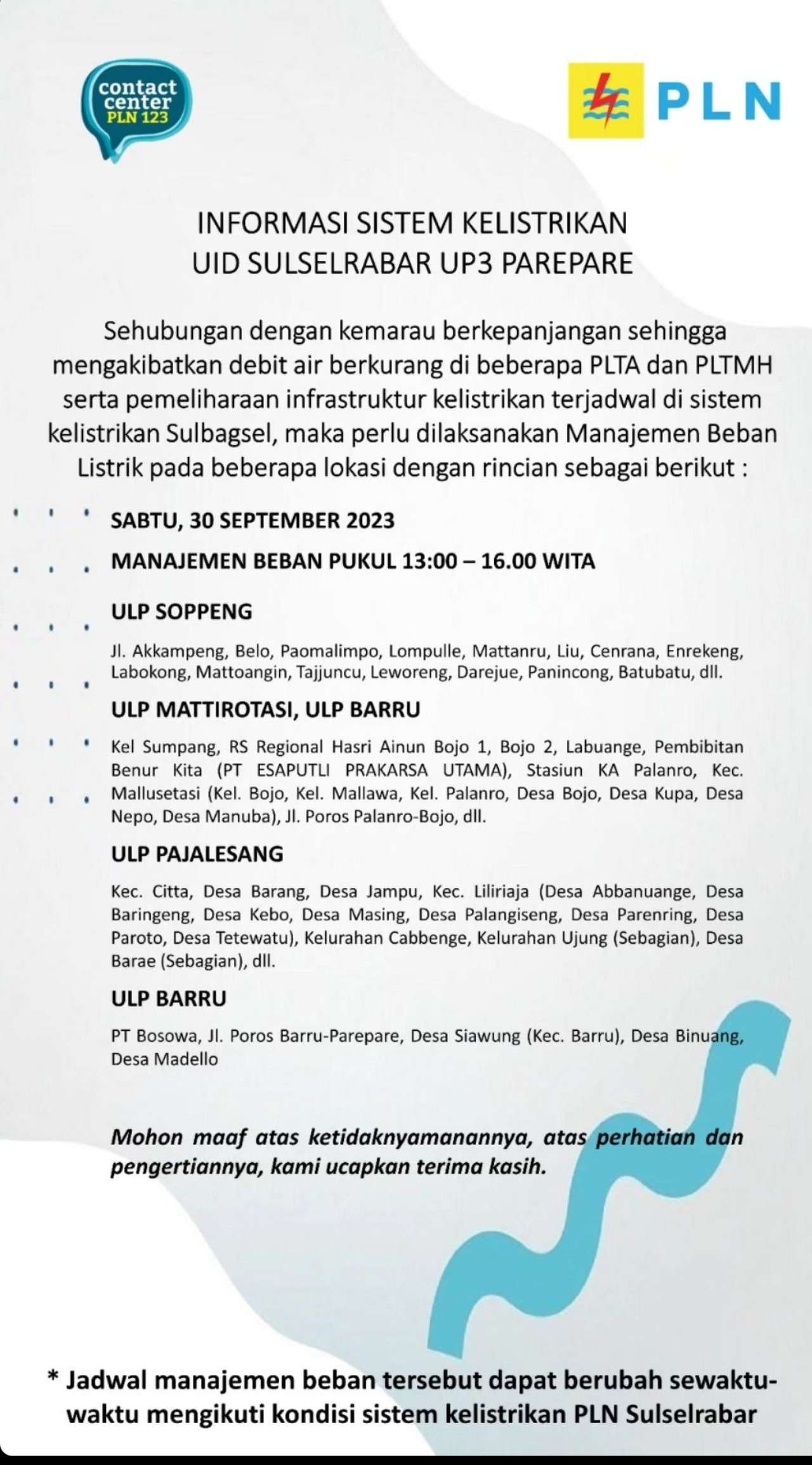 Jadwal Pemadaman Listrik Parepare, Barru, Sidrap dan Soppeng 30 September 2023, Cek Wilayahnya