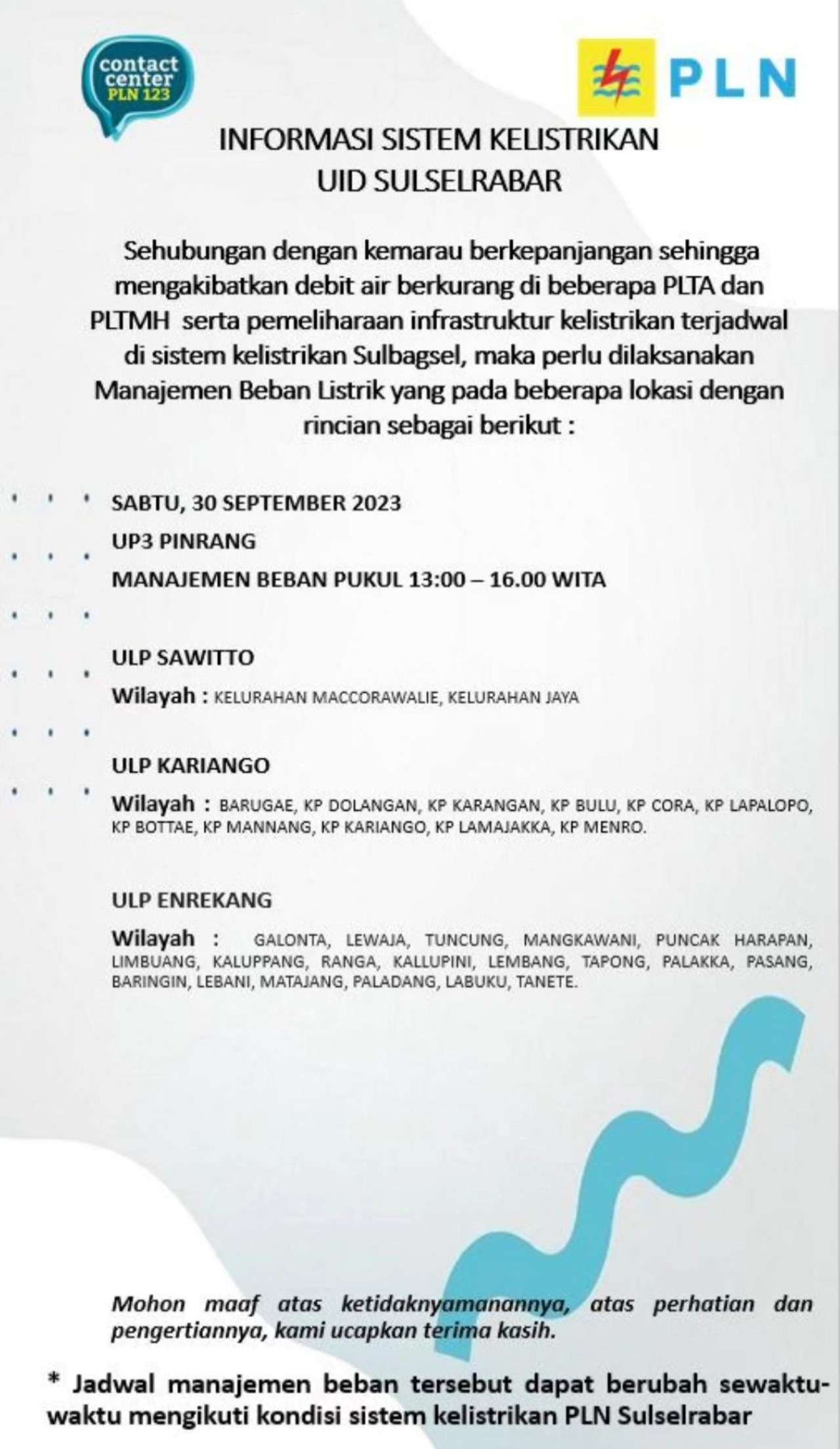 Mulai Pukul 10.00 WITA Ada Pemadaman Listrik di Pinrang dan Enrekang Hari Ini, Cek Titiknya
