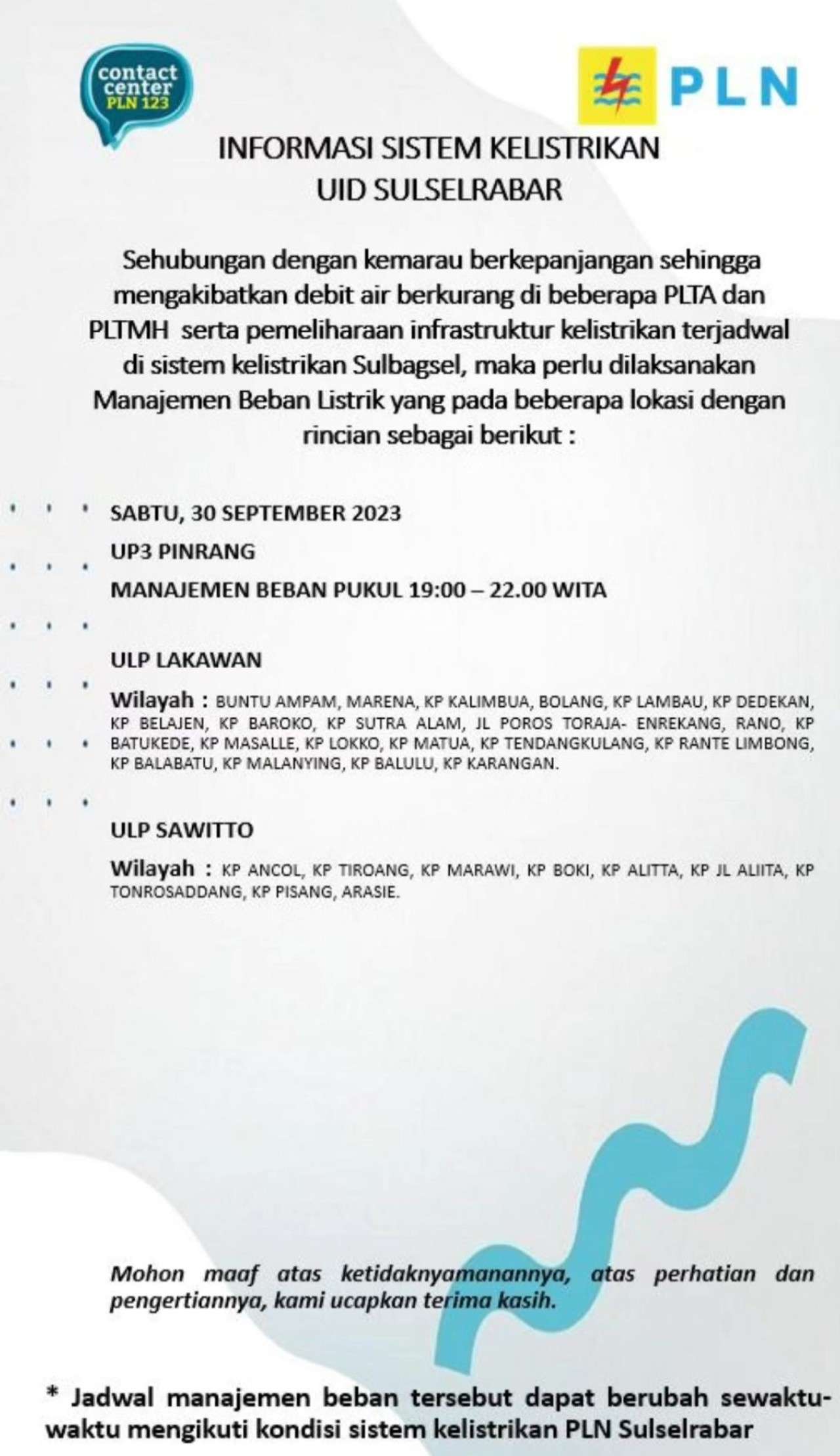 Mulai Pukul 10.00 WITA Ada Pemadaman Listrik di Pinrang dan Enrekang Hari Ini, Cek Titiknya