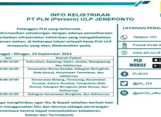 Ini Jadwal Pemadaman Listrik di Wilayah ULP Jeneponto, 24 September 2023