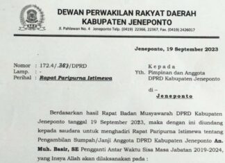 Besok ada Pelantikan Anggota DPRD Jeneponto Pengganti Antar Waktu