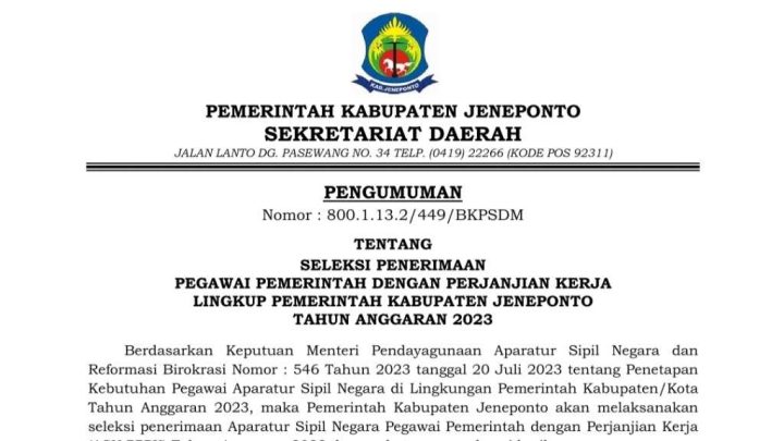 Pengumuman Formasi dan Jadwal Seleksi PPPK Pemkab Jeneponto Pengumuman Formasi