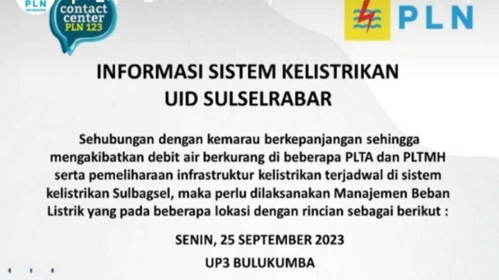 Pemadaman Listrik Bergilir 25 September 2023 Wilayah Jeneponto, Bantaeng dan Bulukumba Pemadaman Listrik Bergilir