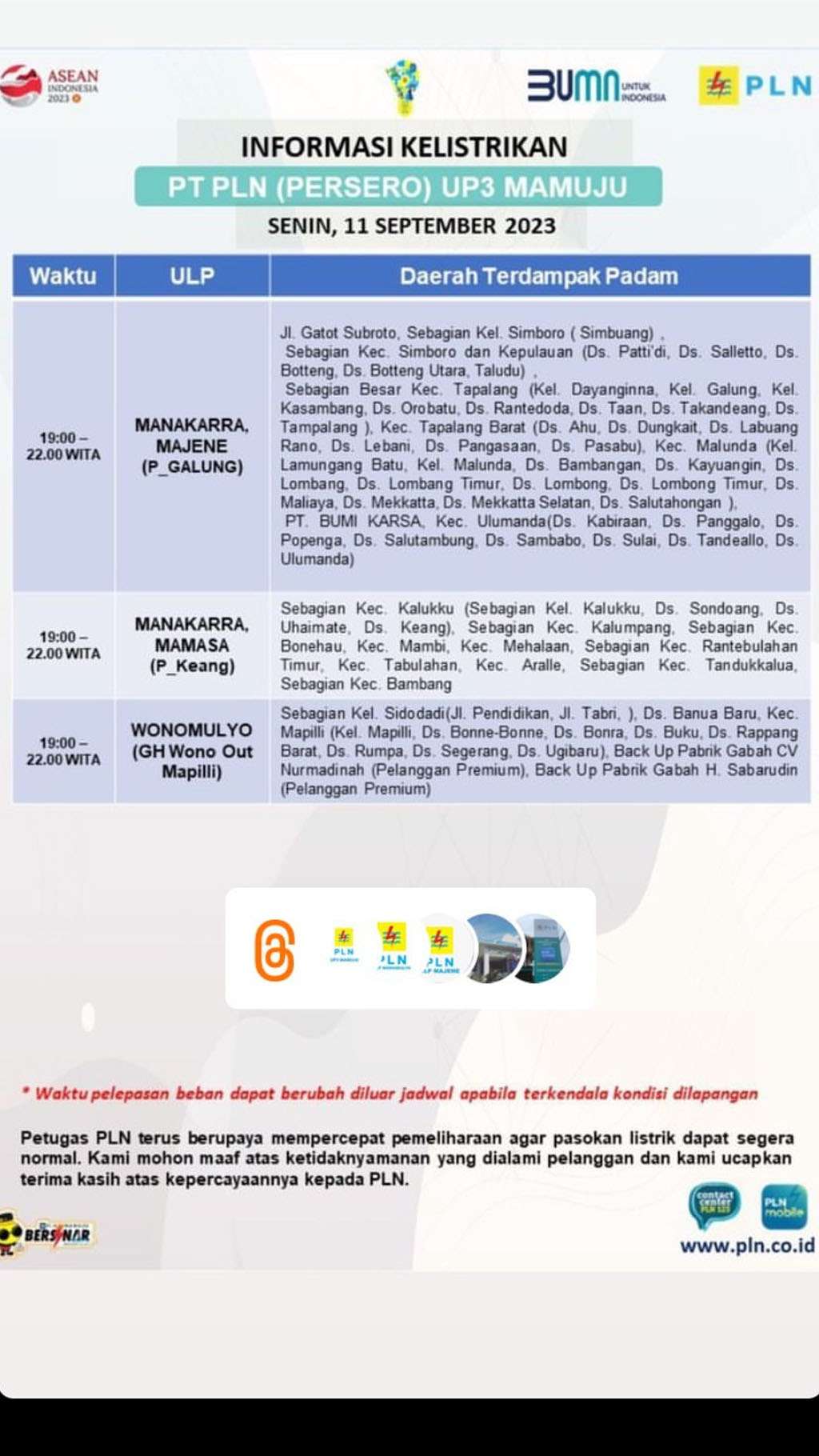 Info Pemadaman Listrik Hari Ini Mamuju Polewali dan Sekitarnya, Senin 11 September