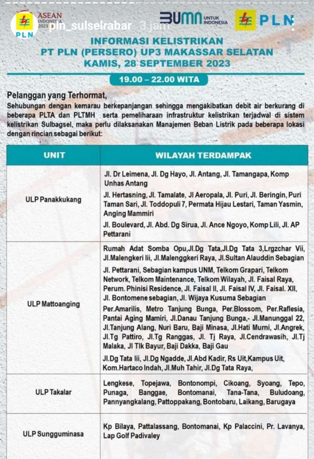 Jadwal dan Lokasi Pemadaman Listrik di Makassar Kamis Hari Ini, 28 September 2023