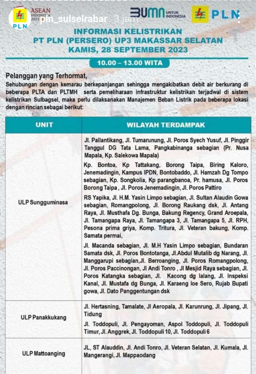 Jadwal dan Lokasi Pemadaman Listrik di Makassar Kamis Hari Ini, 28 September 2023