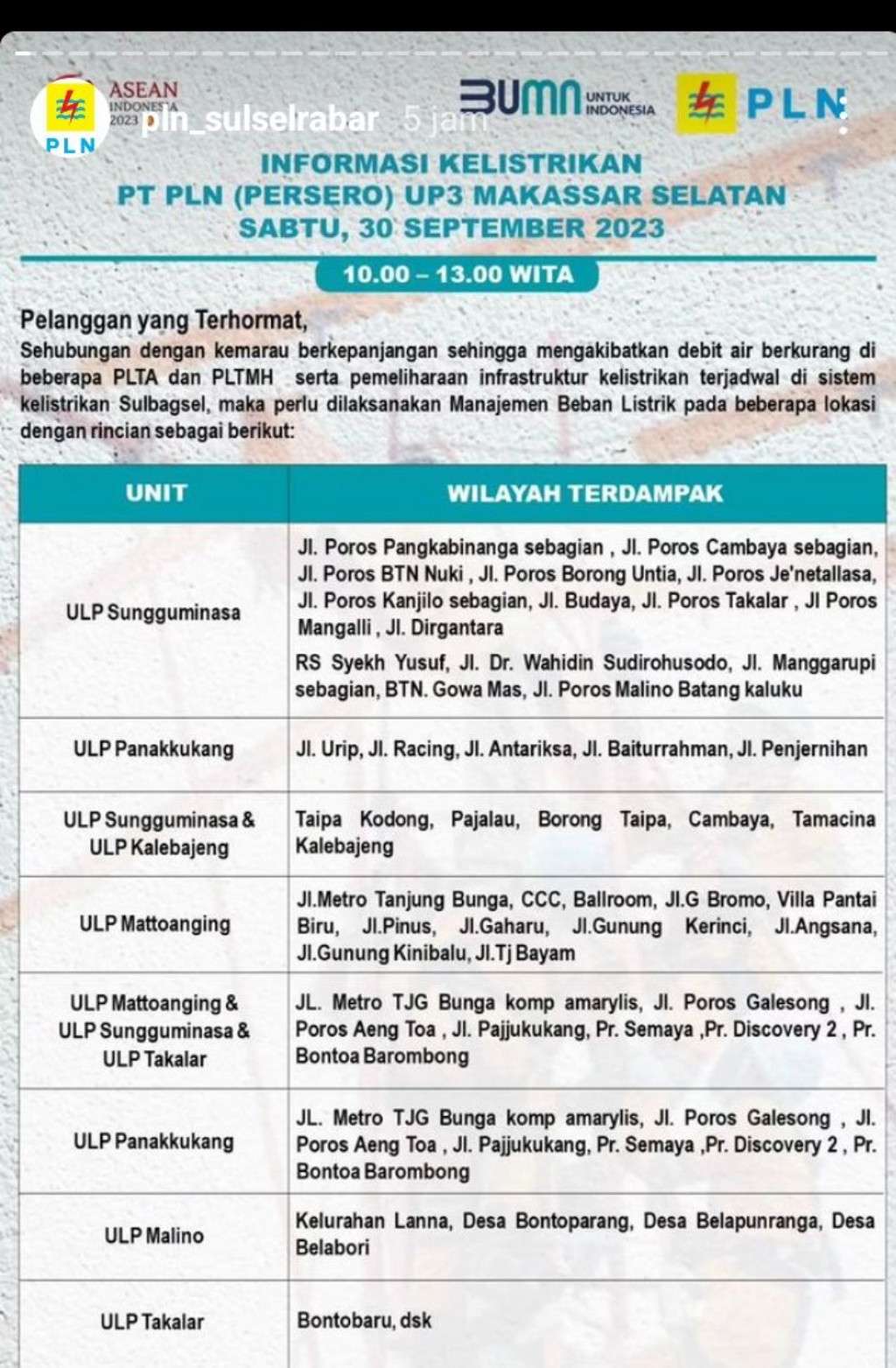 Jadwal Pemadaman Listrik Makassar Hari Ini 30 September, Pastikan Baterai HP Full