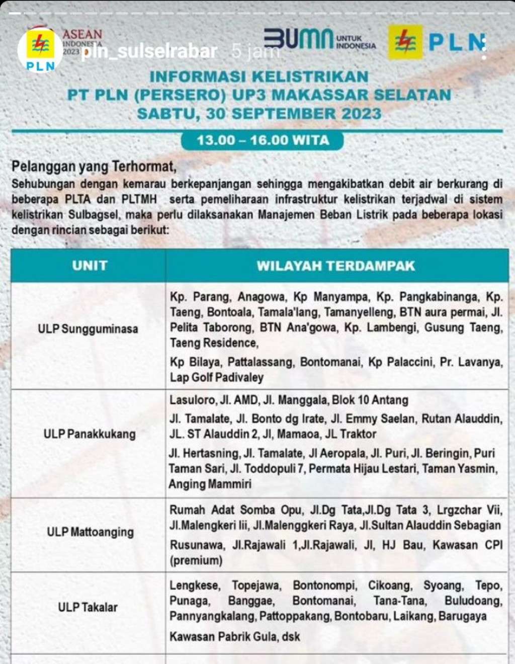 Jadwal Pemadaman Listrik Makassar Hari Ini 30 September, Pastikan Baterai HP Full