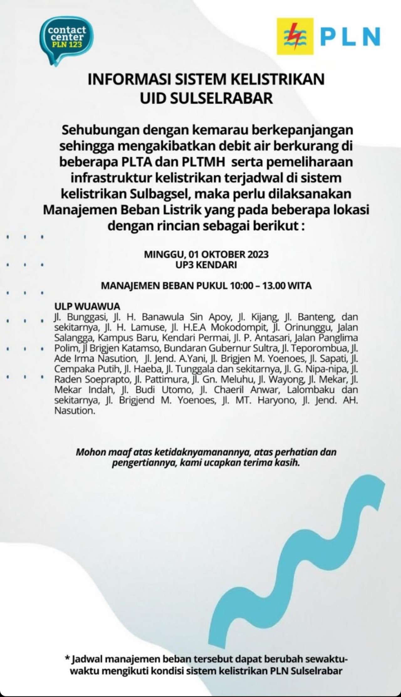 Cek Wilayah Pemadaman Listrik di Kendari, Kolaka, Konawe dan Sekitarnya Hari Ini 1 Oktober 2023