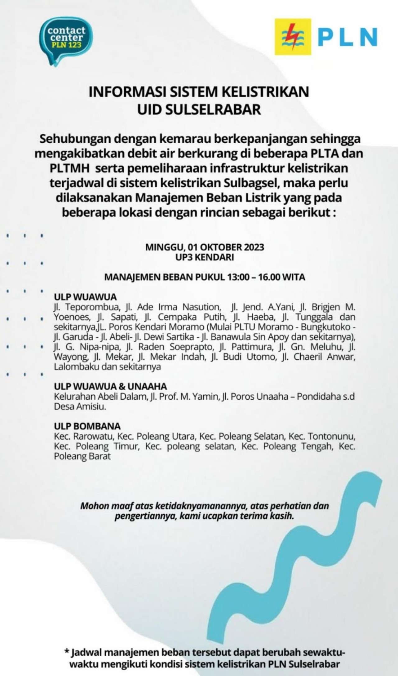 Cek Wilayah Pemadaman Listrik di Kendari, Kolaka, Konawe dan Sekitarnya Hari Ini 1 Oktober 2023