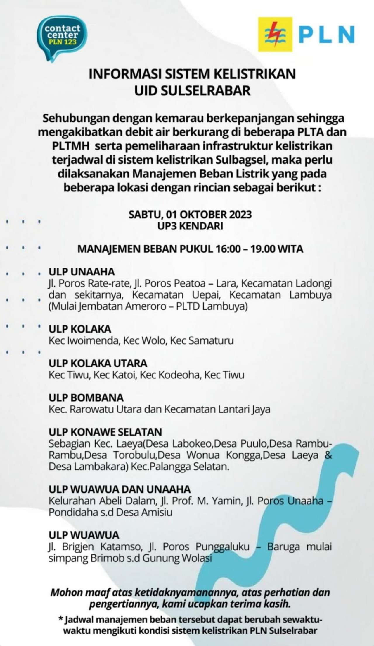 Cek Wilayah Pemadaman Listrik di Kendari, Kolaka, Konawe dan Sekitarnya Hari Ini 1 Oktober 2023