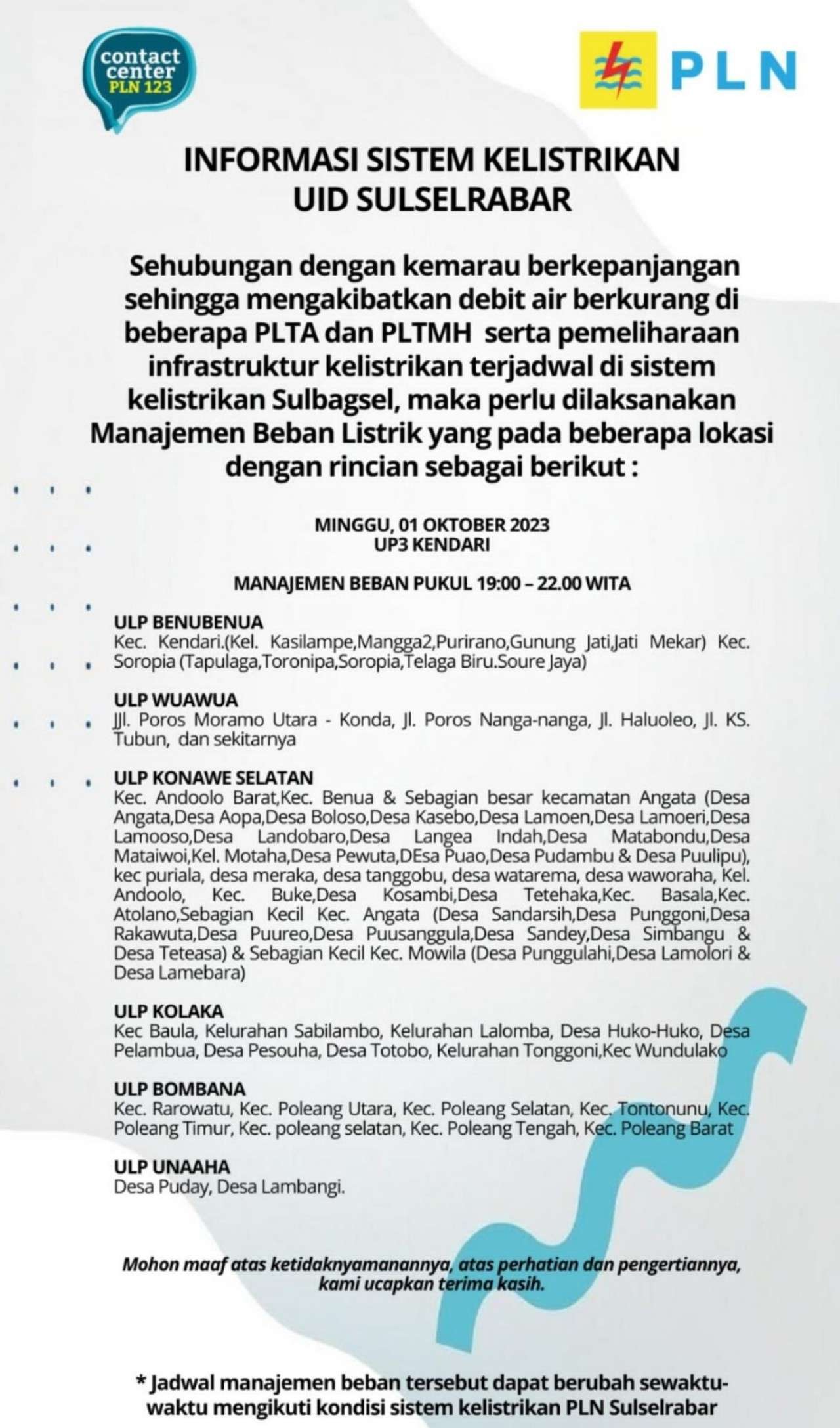 Cek Wilayah Pemadaman Listrik di Kendari, Kolaka, Konawe dan Sekitarnya Hari Ini 1 Oktober 2023