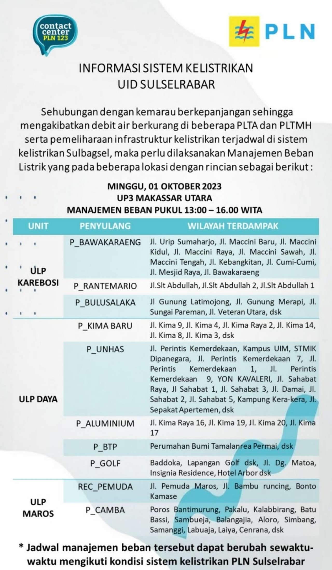 Hari Ini 1 Oktober 2023 Mati Lampu di Makassar, Maros dan Pangkep, Berikut Titik Lokasinya
